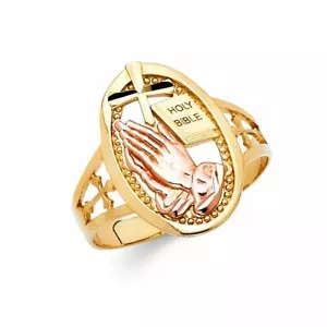 14k Solid Tricolor Gold Cross Praying Hands Ring Oro Solido Manos Rezando Anillo - Picture 1 of 3