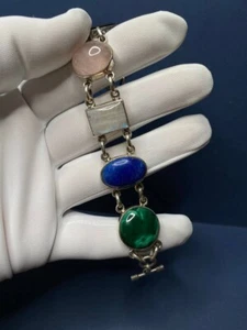 Vintage Mexico -TS STERLING SILVER Multi-Color Gemstone Link Bracelet 7’’ - Picture 1 of 23