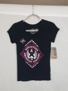 Affliction American Customs Tee Shirt Womens Black L Short Sleeve  Biker Grunge - Picture 1 of 5