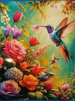 Punto de Cruz Estampado, Colibríes y Flores, 14ct, 40x40cm, 25 Colores Foto 1 de 4