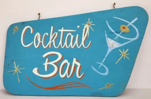 Cocktail Bar Atomic-Style Wooden Hanging Sign Sky Blue Martini Glass Glitter - Picture 1 of 11