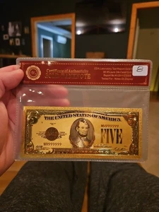 2009 $5 Five Dollar Bill Gold foil Banknote with Bag and Certificate - Picture 1 of 5