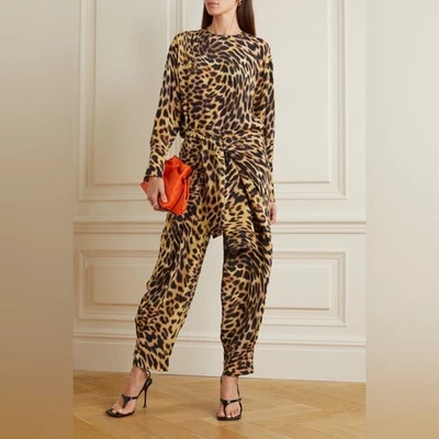 Stella McCartney NEW Brown Black Leopard Print Tie Waist Silk Jumpsuit Size 46 - Image 1 of 4