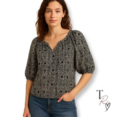 GAP Black & White Boho Floral Metallic Print Puff Sleeve Blouse Size Large - Image 1 of 4