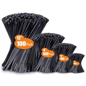 Zip Cable Ties Assorted Sizes(4”+6”+8”+12”) Heavy duty Nylon Black UV Resistant - Picture 1 of 7