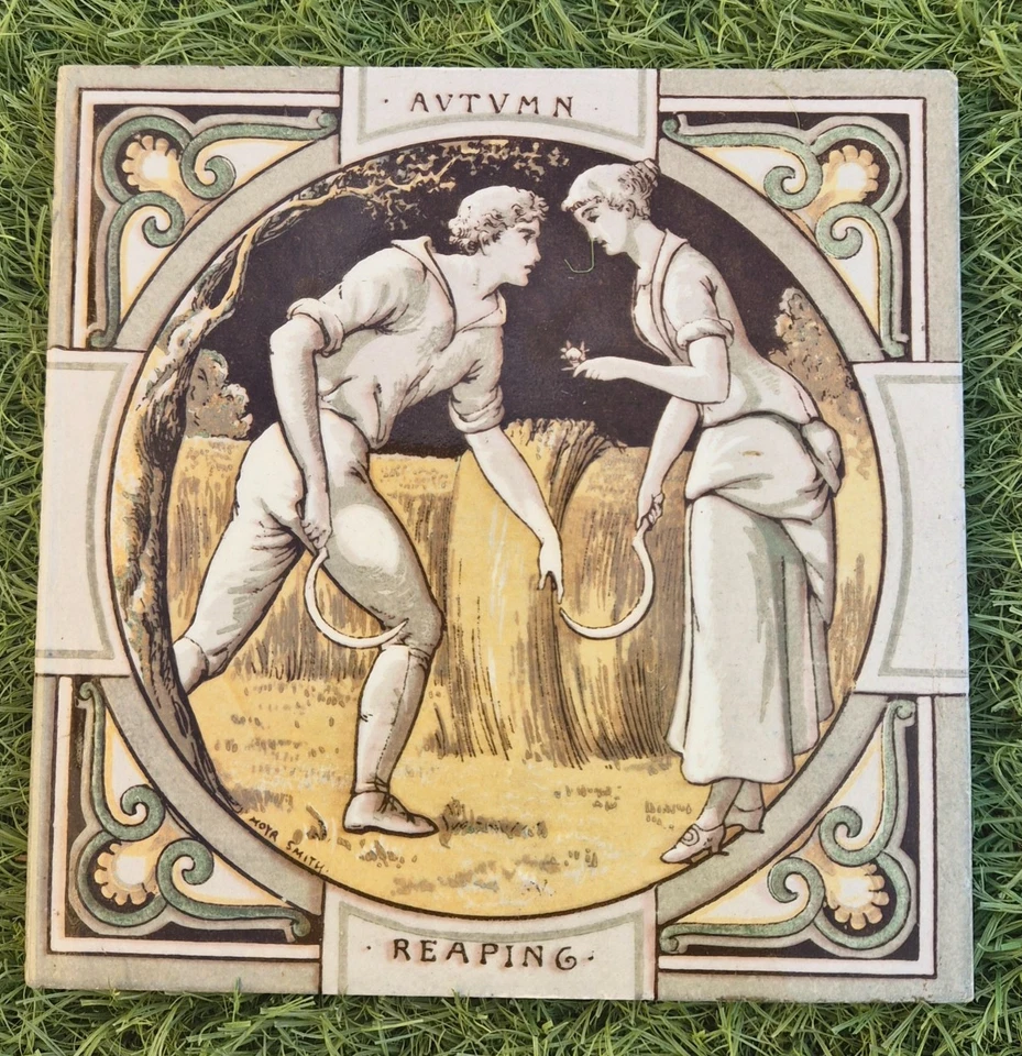 Azulejos antiguos ingleses Minton de 1880 cuatro estaciones otoño por John Moyr Smith 6 pulgadas Foto 1 de 2