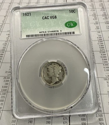 1921 Mercury Dime 10c VG 8 CAC- Semi Key Date For Mercury Series - Image 1 of 2