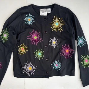 Vintage Michael Simon Embroidered Floral Starbust Black Cardigan Size Medium Vtg - Picture 1 of 6