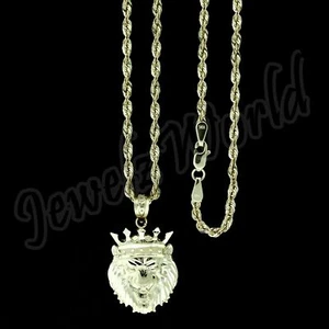 10K Yellow Gold Crown Lion Head Charm Pendant Diamond Cut & Rope Chain - Picture 1 of 17