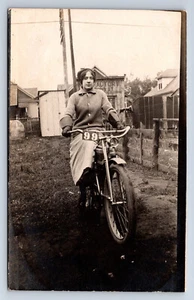 Vintage RPPC Woman Riding Motorcycle Sign for Factory Colorado Springs R5 - Picture 1 of 2