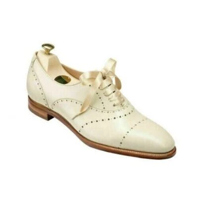 Handmade Women Genuine Leather Shoes White Lace Up Ribbon Oxford Formal Dress - Image 1 of 4