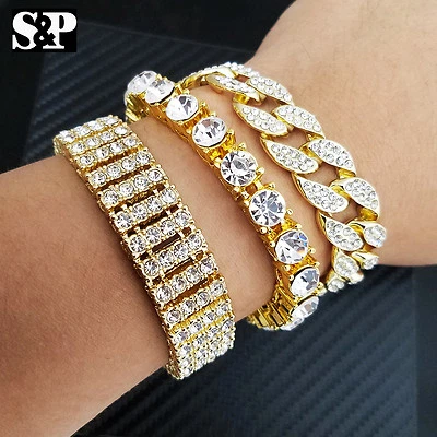 JUEGO COMBINADO PULSERA HIP HOP QUAVO 1 Y 4 FILAS TENIS, CADENA CUBANA HELADA COMPLETA PARA HOMBRE  Foto 1 de 4