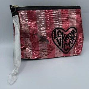 Victoria's Secret Beauty Make Up Pouch Small Pink Cosmetic Bag Sequin Bling NWT - Picture 1 of 11