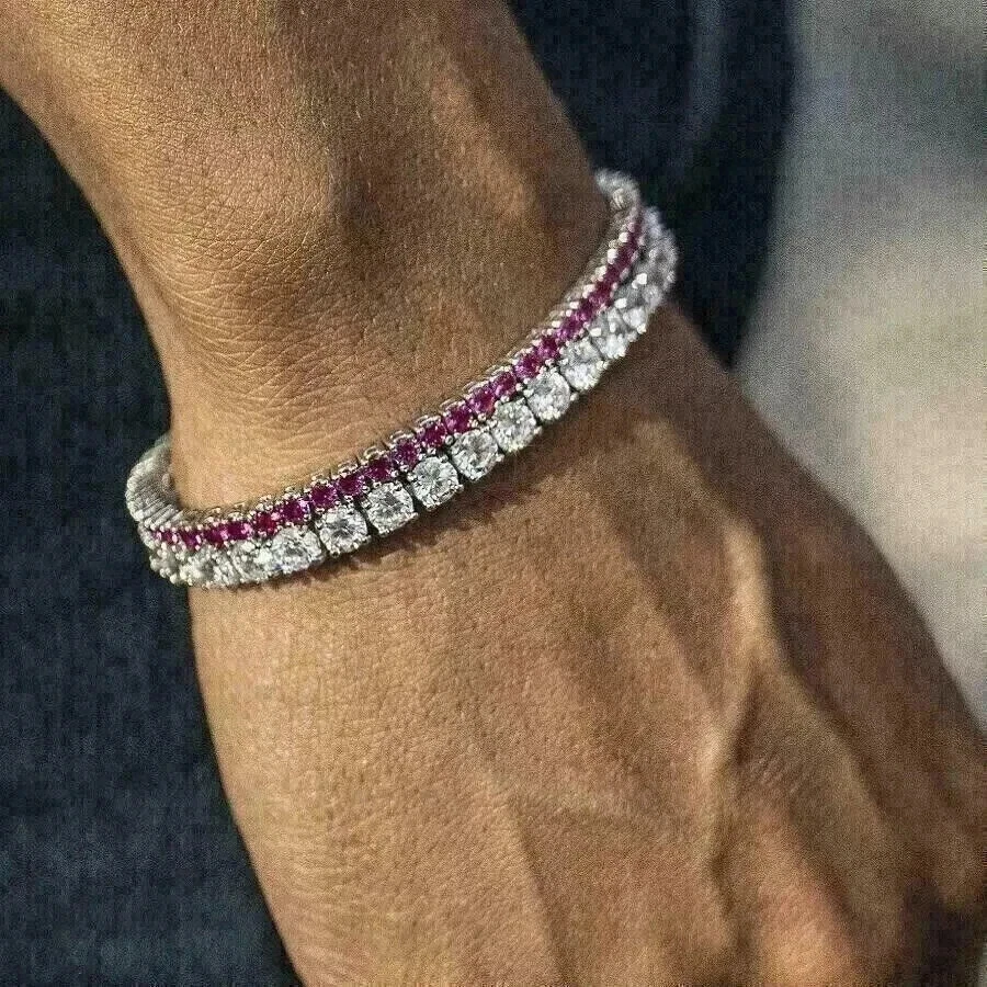 7CT Round Cut Lab Created Pink Ruby Men's Tennis Bracelet 14K White Gold Finish - Image 1 of 3