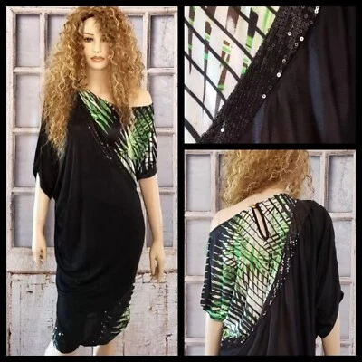 Vestido Sedoso Custo Barcelona Un Hombro Cóctel Club Negro Verde Palma Tropical Foto 1 de 4