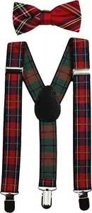 Kids Suspenders & Bow Tie Set (Elastic Adjustable) -Plaid for Christmas Picture - Picture 1 of 8