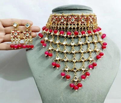 Индийский Кундан красный жемчуг бисер свадебное ожерелье ошейник серьги свадебные украшения - Изображение 1 из 4
