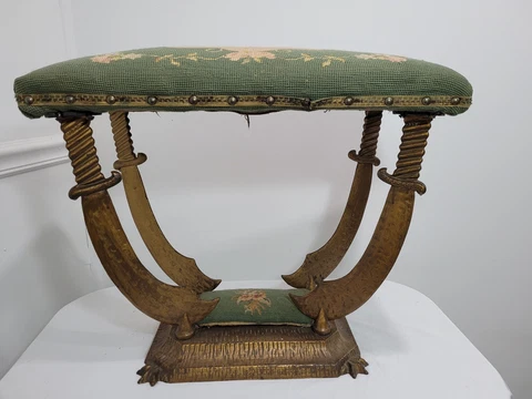 Art Deco Petit Point Iron Stool Chair Bench Sword Saber Vintage Style Oscar Bach Cover
