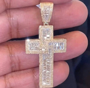 10K YELLOW GOLD 2 CARAT 2 INCHES REAL DIAMOND MEN CROSS PENDANT CHARM CROSS - Picture 1 of 2