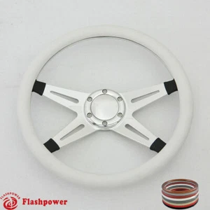14" Billet Steering Wheel White Half Wrap GMC Cutlass GTO Impala Chevy W/Horn - Picture 1 of 9
