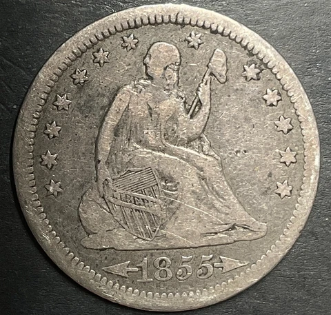 1855 Seated Liberty Quarter Arrows 25c rare old silver collection coin m120 Cover