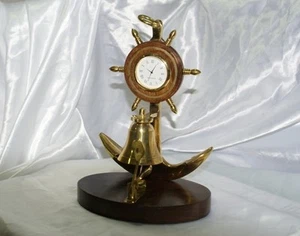 Campanello nautico timone con orologio scrivania reception in ottone e legno - Imagen 1 de 1