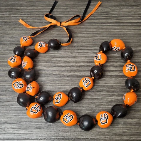 Oregon State Beavers College Kukui Nut Lei Necklace Black Orange Ribbon Tie Cover