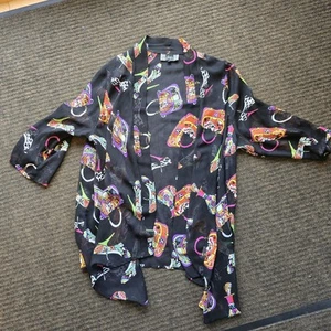 Slinky Brand Printed Kimono Cardigan Cover-up Plus 1X Black USA Black Purse Shoe - Picture 1 of 4