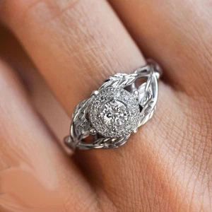 Round Cut White Diamond Vintage Art Deco Engagement Ring 14K White Gold Finish - Picture 1 of 12