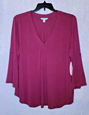 NUEVO CON ETIQUETAS Mujer JC Penny Boutique Manga 3/4 Cupro Popover Talla Grande 2X Negro Cereza Foto 1 de 4