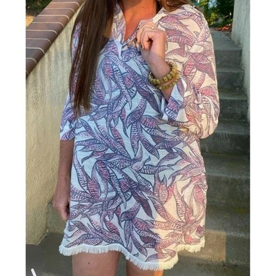 LuLaRoe Coastal Tropical Fringed Tunic Cover Up Resort Wear Long Sleeve Sz 3XL - Image 1 of 4
