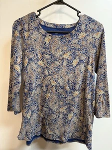J. JILL Blue Pima Cotton Sz Small 3/4 Sleeve shirt Top Crew Neck Tunic Paisley - Picture 1 of 8