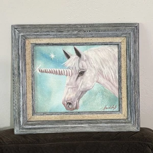 Vintage Einhorn Ölgemälde auf Leinwand mit Holzrahmen Künstler signiert 14,5x12" - Bild 1 von 9