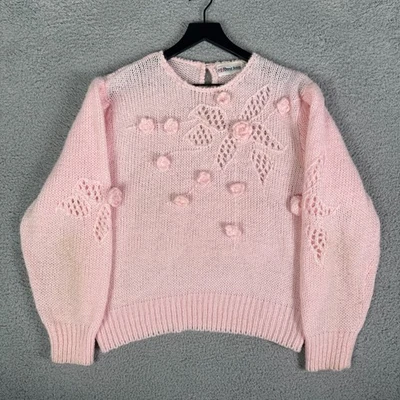 Suéter Tejido Vintage Años 90 Rosa Floral Talla Grande Polvo Rosa Crochet Dana Scott Foto 1 de 4