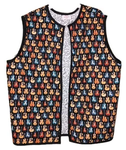 Hand Made Oversized Open Front Guitar Print Vest w/Music Note Lining - Picture 1 of 4