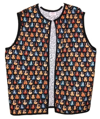 Hand Made Oversized Open Front Guitar Print Vest w/Music Note Lining - Image 1 of 4