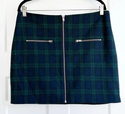 Mini-saia Madewell com zíper frontal verde escuro xadrez mistura de lã tamanho 12 - Imagem 1 de 4
