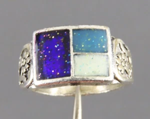 STERLING SILVER RING Sparkle Inlay Style BLUE/INDIGO/WHITE Rectangle Panels 8.5 - Picture 1 of 8