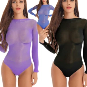 Women’s Glossy Mesh See Through Bodysuit Round Neck Long Sleeve Stretchy Leotard