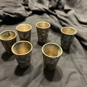 6 Antique Japanese Brass With Mother Of Pearl Inlay Saki Aperitif Wine Cups - Picture 1 of 6