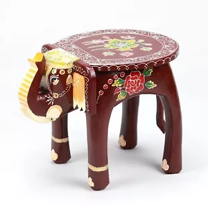 Wooden Elephant Stool Hand-Painted Maroon Brown Indoor Home Decorative 12 Inch - Picture 1 of 5