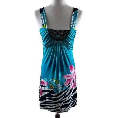 Venus Tropical Zebra Print Floral Dress S Embellished Bust Boho Vacation - Image 1 of 4