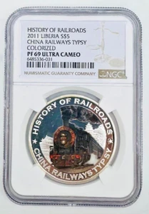 2011 Liberia $5 China Railways Typsy Silver Coin NGC PF69 - Picture 1 of 2