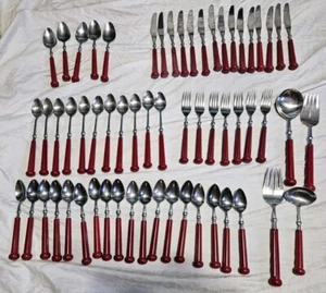 Vintage Oxford Hall Stainless Japan Flatware Red Handle Set Of 60 Pieces - Picture 1 of 10