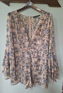 For Love & Lemons Pia Peach/Black Floral Print Romper Womens size L - Picture 1 of 9