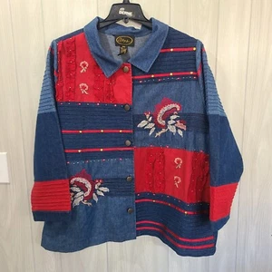Alex Kim Embroidered Patchwork Art Button Denim Size PXL Petite - Picture 1 of 10