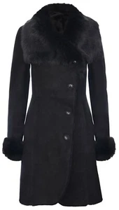 Ladies Warm Black Suede Merino Shearling Sheepskin Coat with Toscana Collar - Picture 1 of 5