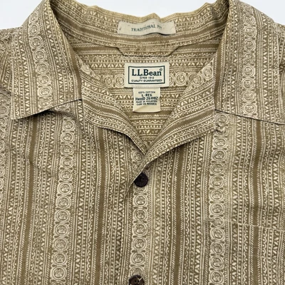 LL Bean Traditional Fit  Men's Brown Batik Button Up Tropical Hawaiian Aztec - Image 1 of 4