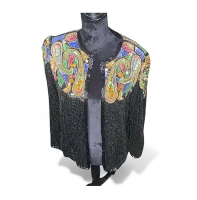 Chaqueta de Noche Leslie Faye Vintage 100 Cuentas de Seda Patrón Paisley Talla 8 Foto 1 de 3