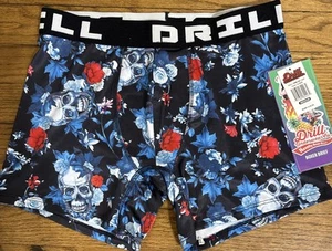NWT DRILL UNDERWEAR SKULL & ROSES BLACK BOXER BRIEFS MEN'S MEDIUM - Picture 1 of 6